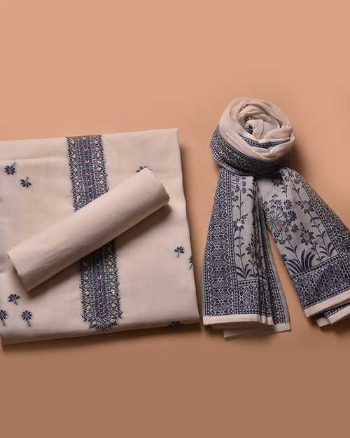 White With Blue Cotton Linen Woven With Embellishment Unstitched Suit Fabric Set With Cotton Linen Dupatta