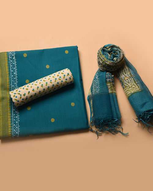 Blue With Green Handloom Cotton Woven Unstitched Suit Fabric Set With Hand Block Printed Kota Dupatta