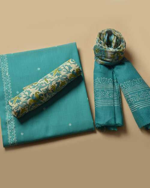 Green Handloom Cotton Woven Unstitched Suit Fabric Set With Hand Block Printed Kota Dupatta