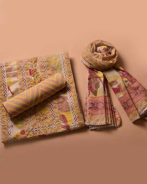 Beige With Yellow Pure Cotton Printed Unstitched Suit Fabric Set With Cotton Dupatta