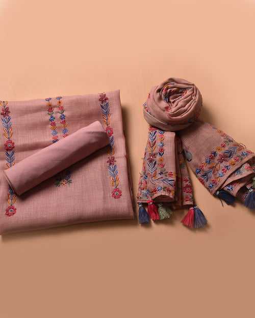 Peach Cotton Linen Blend Printed With Embroidery Unstitched Suit Fabric Set With Cotton Linen Dupatta