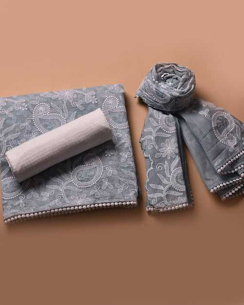 Greyish Blue Kota Thread Embroidery Unstitched Suit Fabric Set With Kota Embroidered Dupatta