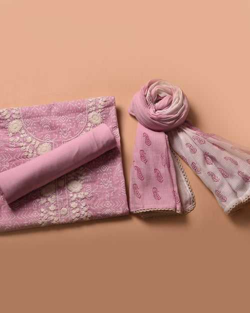 Pink Pure Cotton Printed With Embroidery Unstitched Suit Fabric Set With Cotton Dupatta