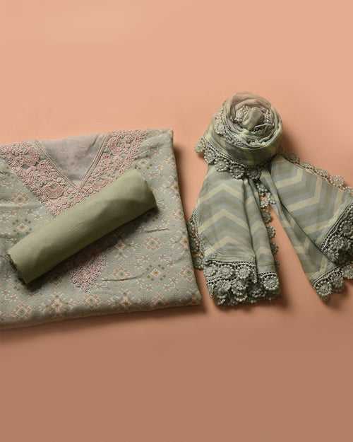 Light Green Muslin Blend Printed With Embroidery Unstitched Suit Fabric Set With Muslin Dupatta