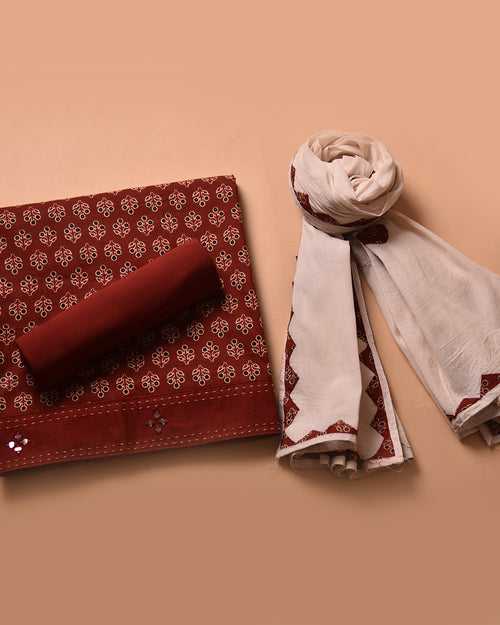 Maroon Pure Cotton Printed With Embroidery Unstitched Suit Fabric Set With Cotton Embroidered Dupatta