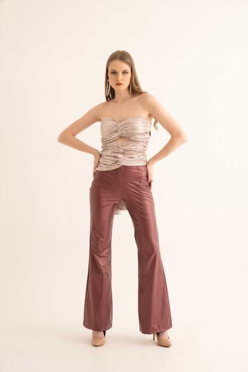 Metallic Rose Cut Out Tube Top and Cherry Red Leather Flared Pants Co-ord Set