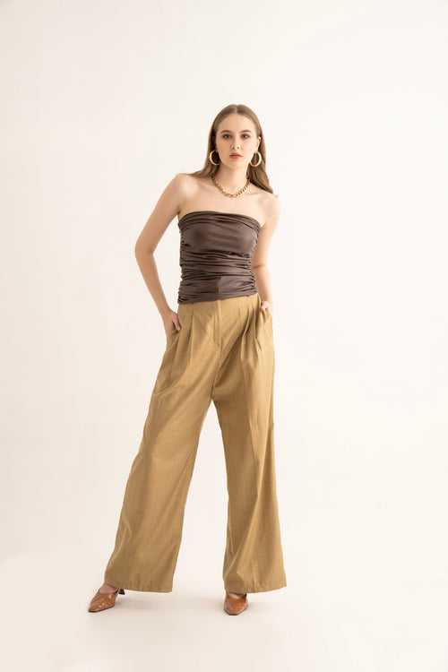 Brown Gathered Tube Top and Suiting Pants Co-ord Set