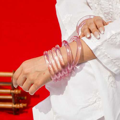 Gulaabi | Pink Glass Bangle Pair with Crystal Cuts | Kanchan ~ Bangles of Glass