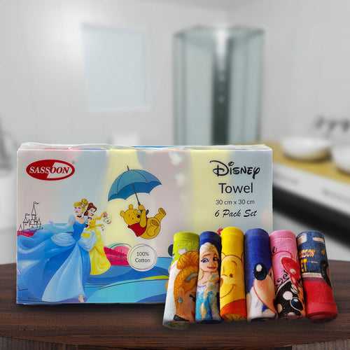 DISNEY COTTON FACE TOWEL FOR KIDS SET OF 6 WITH GIFT BOX-Assorted