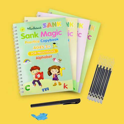 Puremedi Sank Magic Practice Copy book| 4Books + 10Refils + 1Pen + 1 Grip| English, Drawing, Math & Number Magic Pratice Book