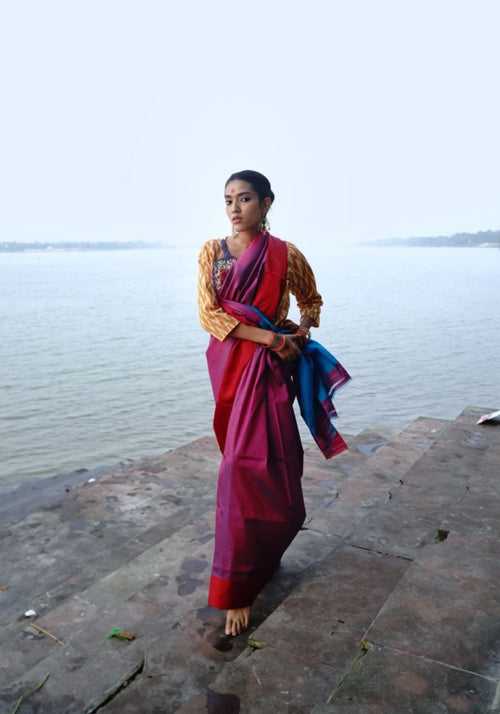 RASPBERRY ROSE WITH BLUE BORDER GOROD SAREE