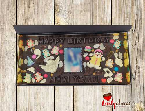 Personalized dark chocolate with photo for friend birthday.