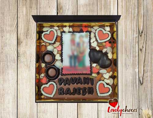 Personalized chocolate gift for couple getting engaged.