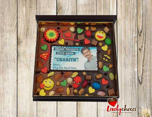 Rakshabandhan photo chocolate with super heroes for brother.
