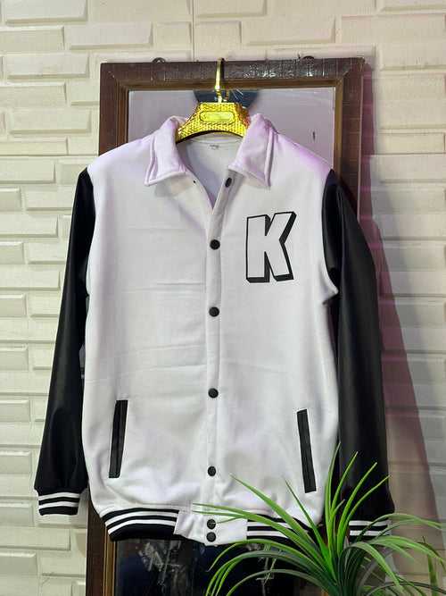 White and black Versity jackets with rexine sleeve