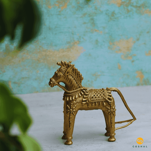 Handmade Golden Brass Standing Horse Statue | Bell Metal art statue | Room Decor | Coshal | CD70