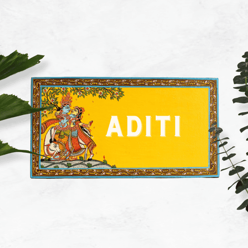 Pattachitra RadhaKrishna Personalized House and Office Door Wooden Name plates | NM35