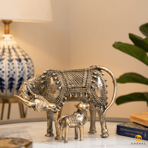 Kamdhenu Cow and Calf | Best for homes and offices | Bastar Dhokra Art | Room Decor | Coshal | CD23