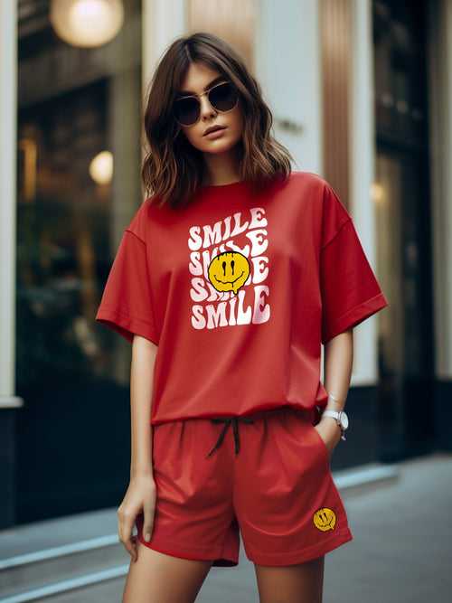 Smile Cotton Girls T Shirt and Short Set in Red Color