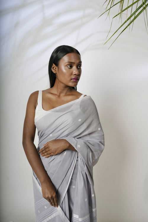 Ashen I Grey cotton saree with plain white border