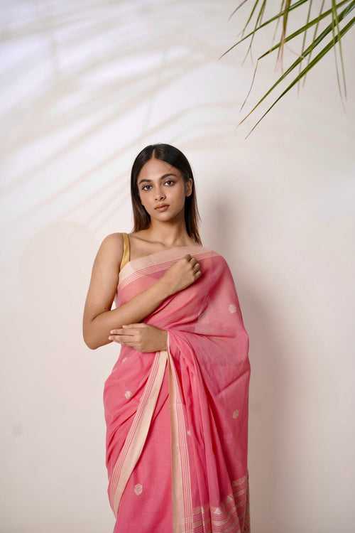 Coral I Coral pink cotton saree with beige striped border