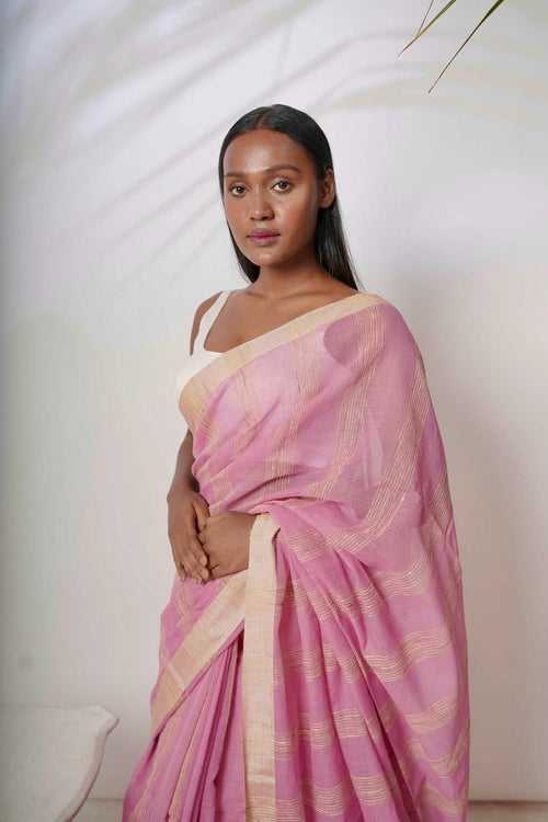 Corolla I Pink Cotton Saree with Ghicha Stripes