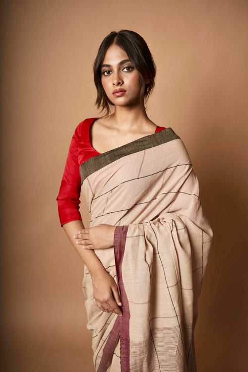 Sandscape I Beige Cotton Saree with Brown and black Border