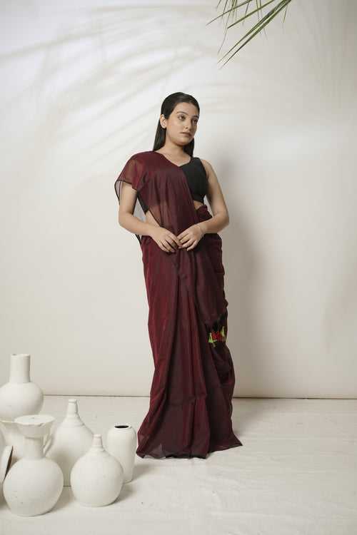 Marlo I Maroon mul cotton saree with red and green tassels