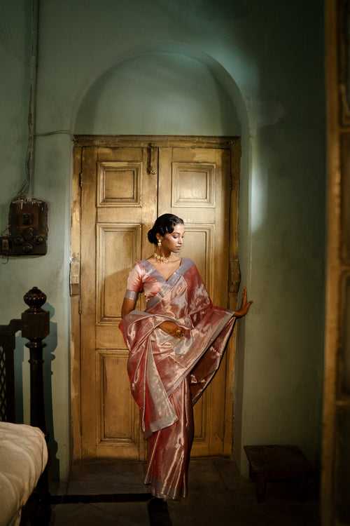 Glory To The Crown I Pastel Coffee Handloom Mulberry Silk Tissue Saree