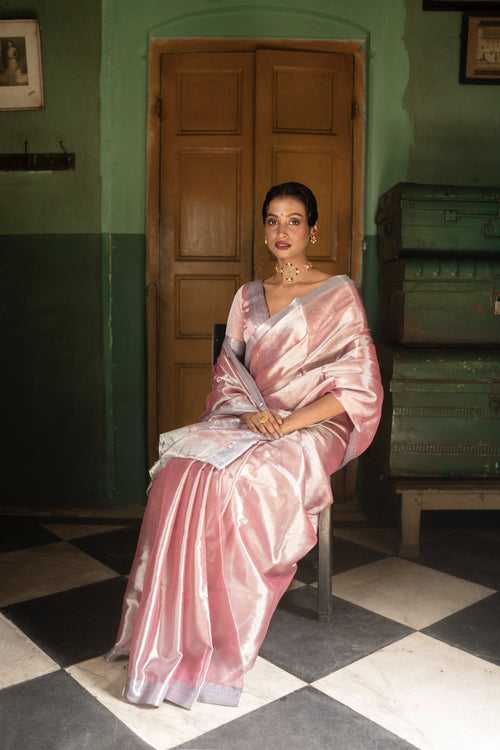 Her Majesty I Pastel Pink Handloom  Mulberry Silk Tissue Saree