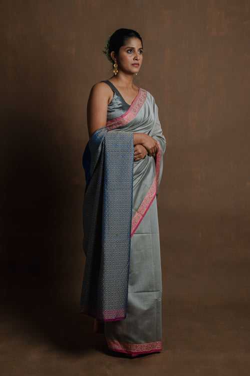 Silver Sage I Grey Silk Cotton Saree With Blue Pallu