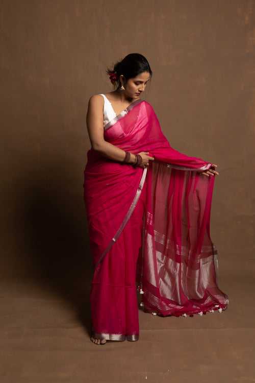 Gulab Phool I Pink Handloom Mul Cotton Saree With Zari Border