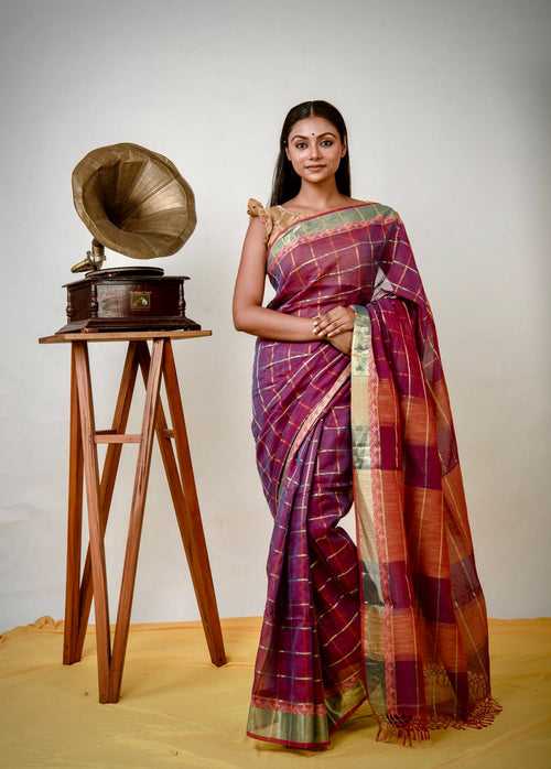 Baigni Phool I Dual Tone Cotton Check Saree