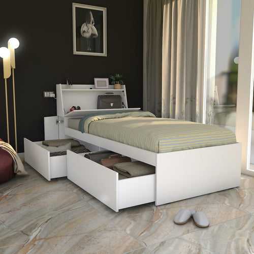 Tribe Single Bed with Headboard storage and 2 Drawers (Moonshine White, Matte Finish)