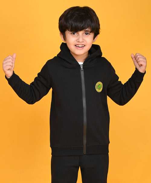 BLACK SPORTY BOYS FLEECE ZIPPER HOODIE - BLACK