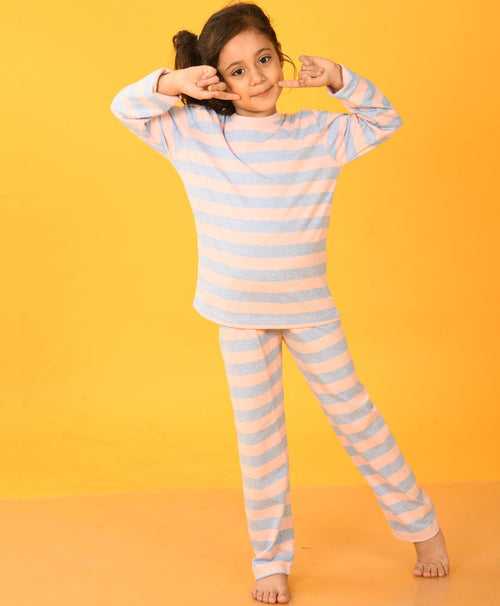 PINK BLUE STRIPED LONG SLEEVES GIRLS PYJAMA SET