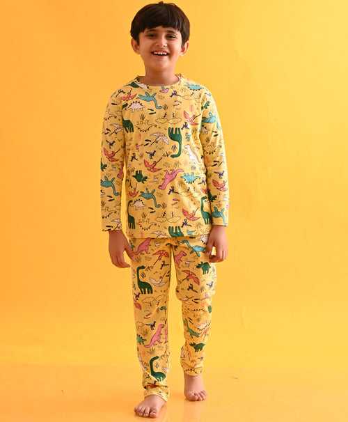 RAINING DINOSAUR LONG SLEEVES PYJAMA SET D - YELLOW