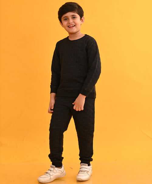 QUILTED BLACK MELANGE FLEECE BOYS SWEATSHIRT JOGGER SET D - BLACK