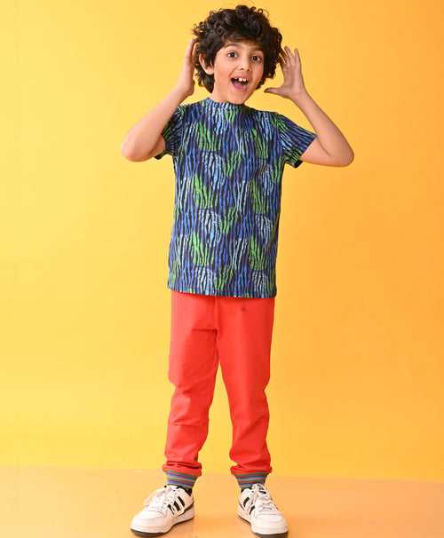 TROPICAL STRIPED RED RIBBED SUMMER BOYS JOGGER SET - BLUE/RED