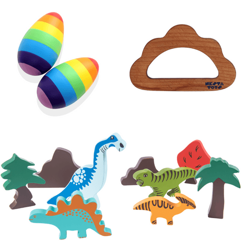 Nesta Toys - Wooden Dinosaur Blocks, Egg Shaker Rattle & Teether (6+ Months) - Baby Shower Gift| Newborn Toy