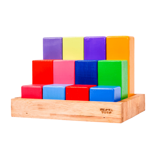 Wooden Building Blocks with Tray | Rainbow Math Rod Toy (12 Pcs)