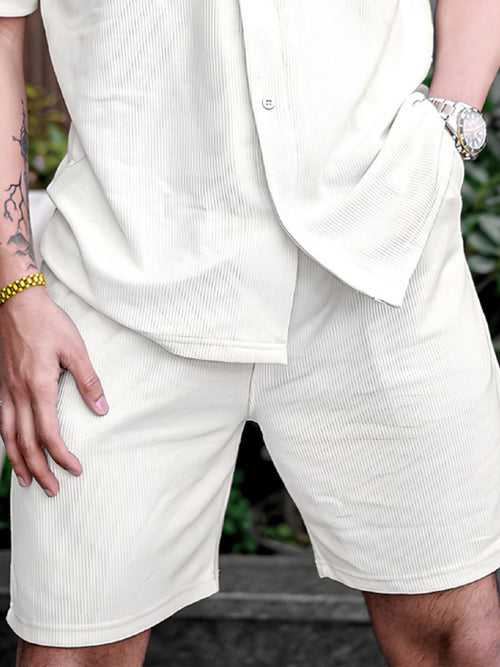 Cord Knit Textured Cream White Regular Shorts