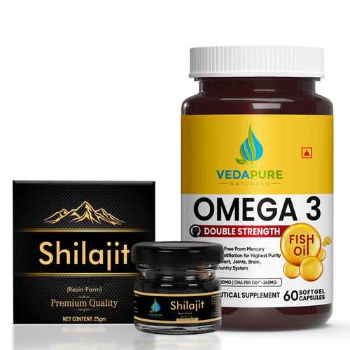 Vedapure Strength Set Combo - Shilajit/Shilajeet Resin for Men & Women Supports General Weakness - Double Strength Omega 3 Fish Oil 1000mg for Heart, Brain & Muscle function