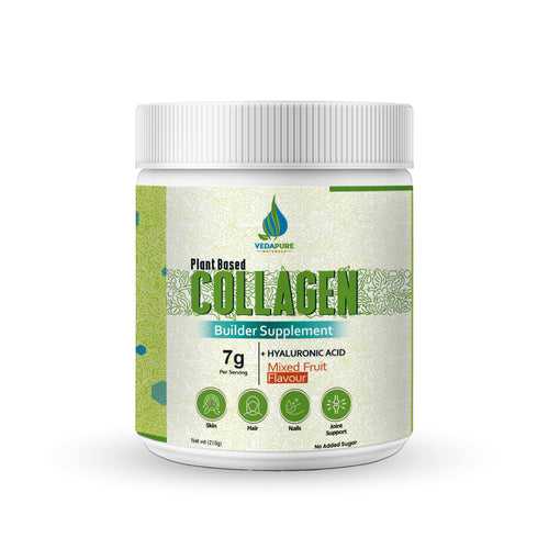 Vedapure Naturals Plant Based Skin Collagen Builder Supplement | With Hyaluronic Acid, Biotin, Vit E and C | For Healthy Skin, Joints, Hairs & Nails | Mixed Fruit, 210g