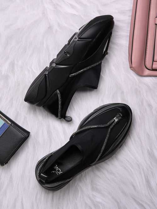 Women Black & Grey Embellished Loafers