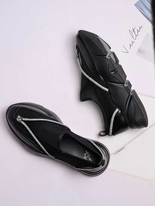Women Black & Silver Embellished Loafers