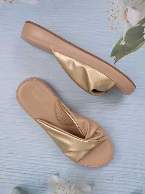 Women Beige & Gold Solid Open Toe Flats