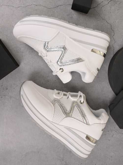 Women White Metallic Wedge Heel Sneakers