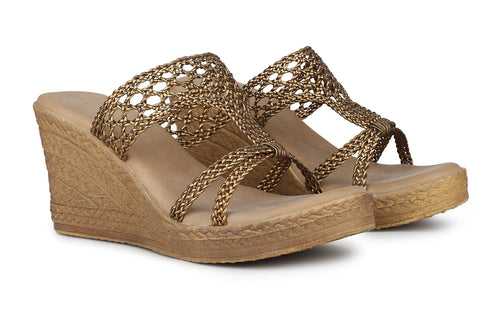 Women Bronze Woven Design Wedges