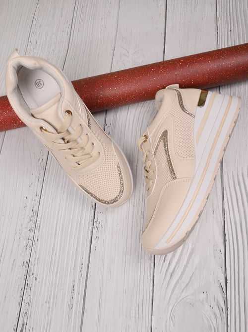 Women Beige Glitter Wedge Heel Sneakers